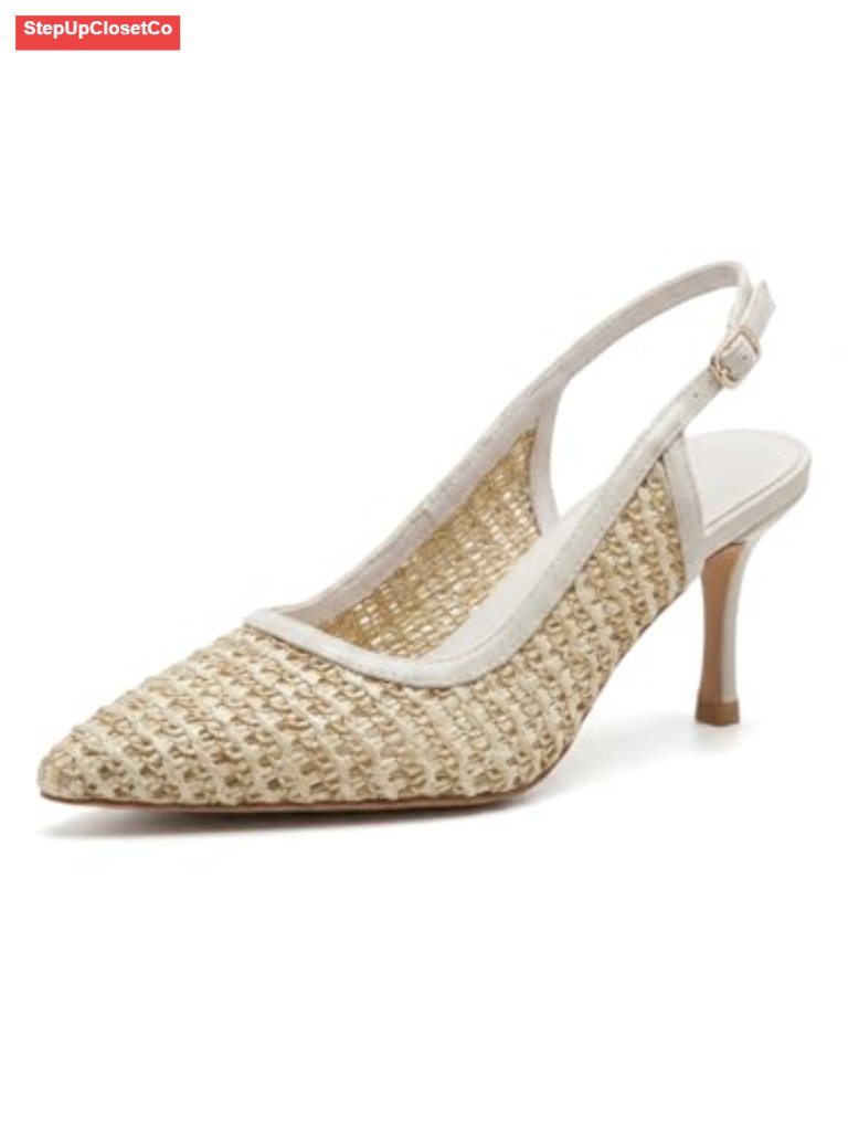 Women's Woven Slingback Heels, Pointed Toe Open-Weave Stiletto Dress Pumps
